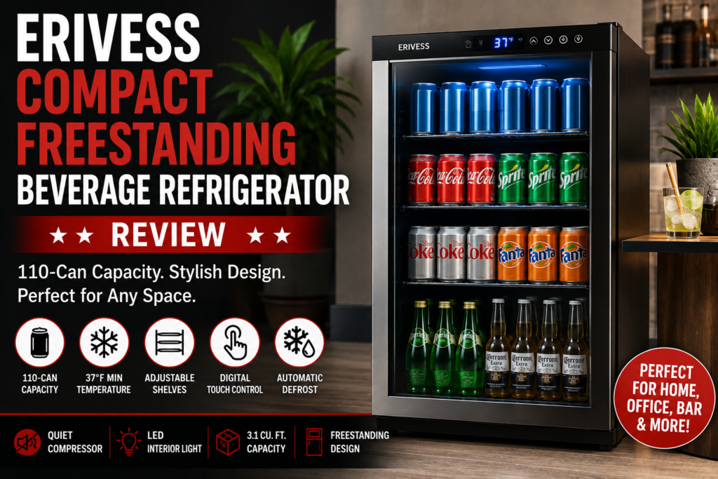 ERIVESS compact freestanding beverage refrigerator review with 110-can drink fridge