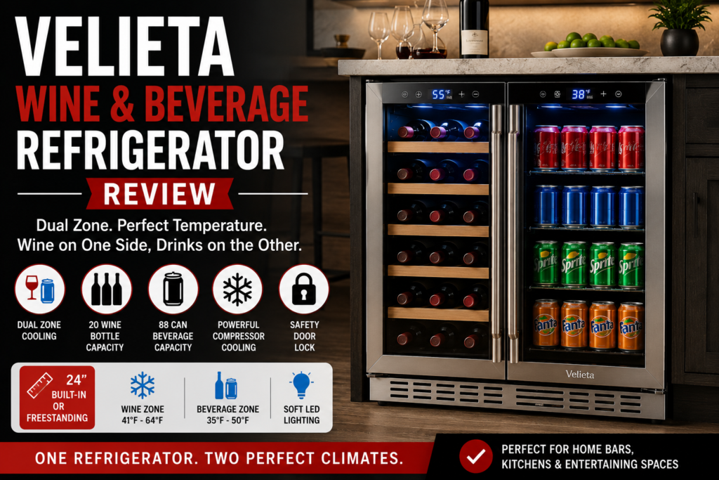 Velieta wine and beverage refrigerator review with dual-zone wine and drink fridge