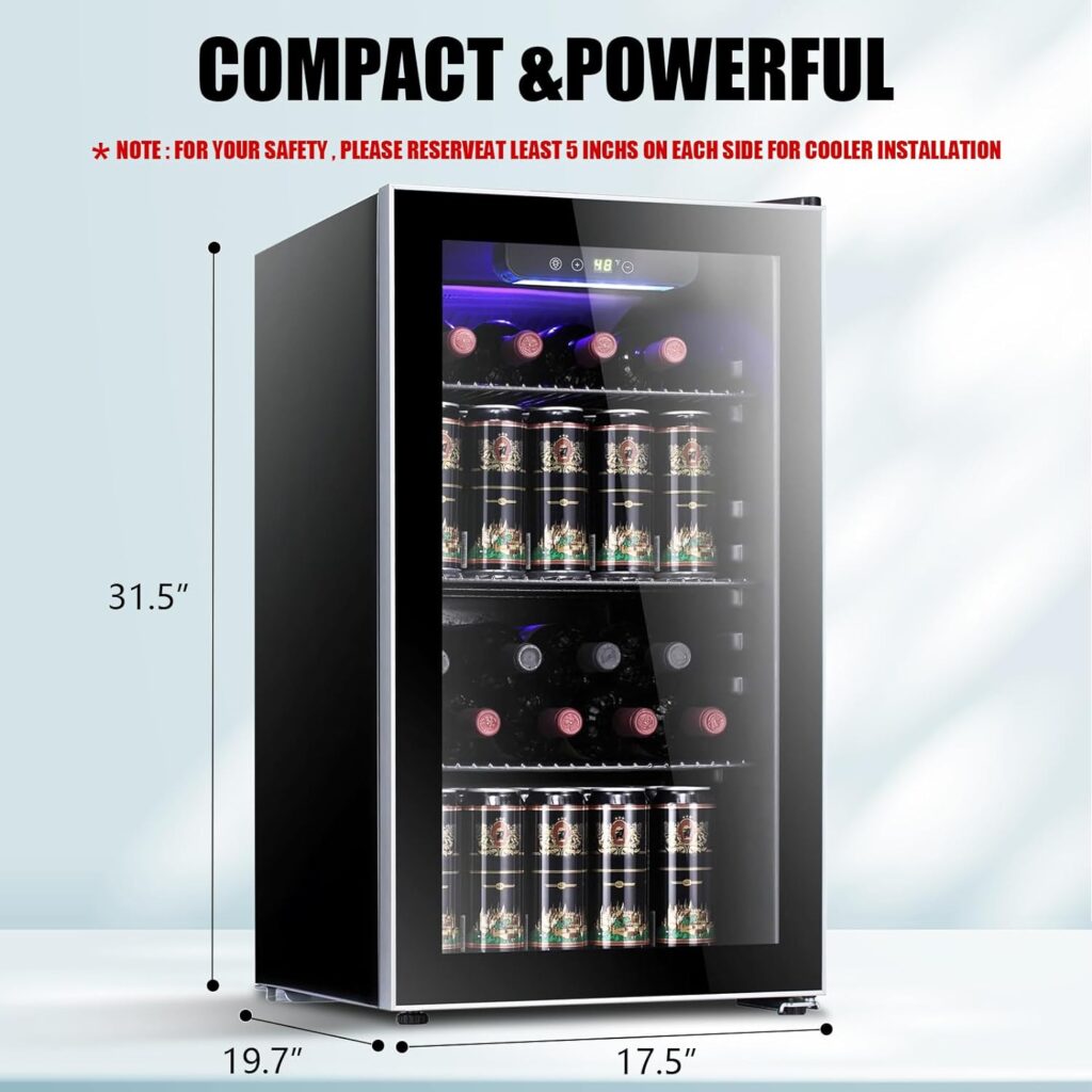 Antarctic Star 26 Bottle 130 Can Wine Cooler/Cabinet Beverage Refrigerator Mini Wine Cellar Beer Soda Clear Glass Door Bar Fridge Quiet Compressor Adjust Temp Freestanding 3.2cu.ft Black