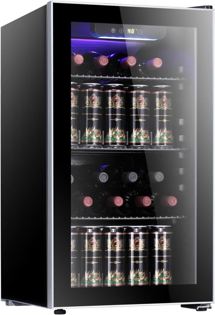 Antarctic Star 26 Bottle 130 Can Wine Cooler/Cabinet Beverage Refrigerator Mini Wine Cellar Beer Soda Clear Glass Door Bar Fridge Quiet Compressor Adjust Temp Freestanding 3.2cu.ft Black