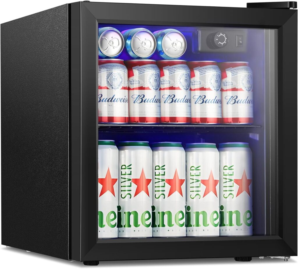 Antarctic Star Mini Fridge Cooler - 48 Can Beverage Refrigerator Black Glass Door for Beer Soda or Wine –Small Drink Dispenser Machine Knob Control Removable for Home, Office or Bar, 1.3cu.ft