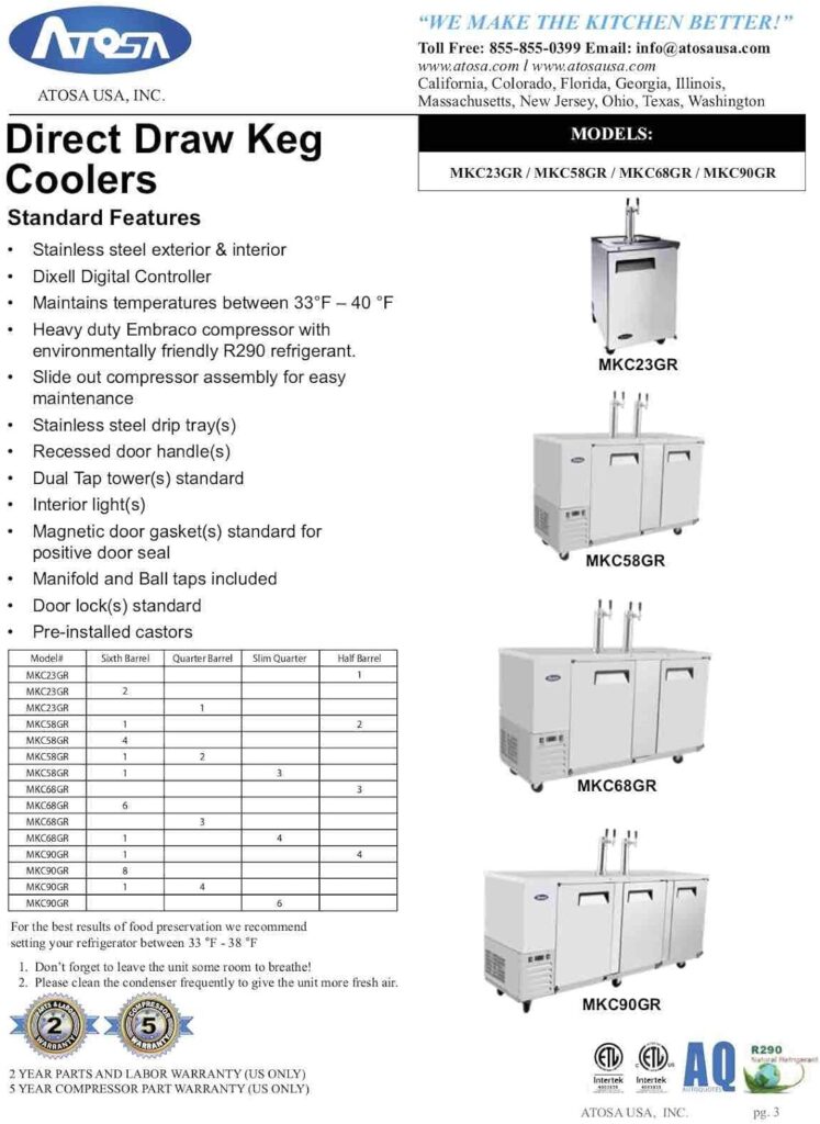 Atosa 23 1 Door Back Bar Beer Keg Cooler with Single Faucet Tower MKC23