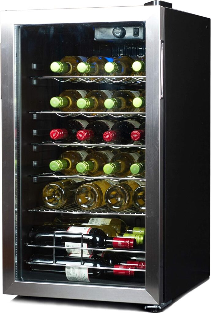 BLACK+DECKER Wine Cooler Refrigerator, 26 Bottle Compressor Cooling Wine Fridge with Blue Light  LED Display, Freestanding Wine Cooler, BD61536