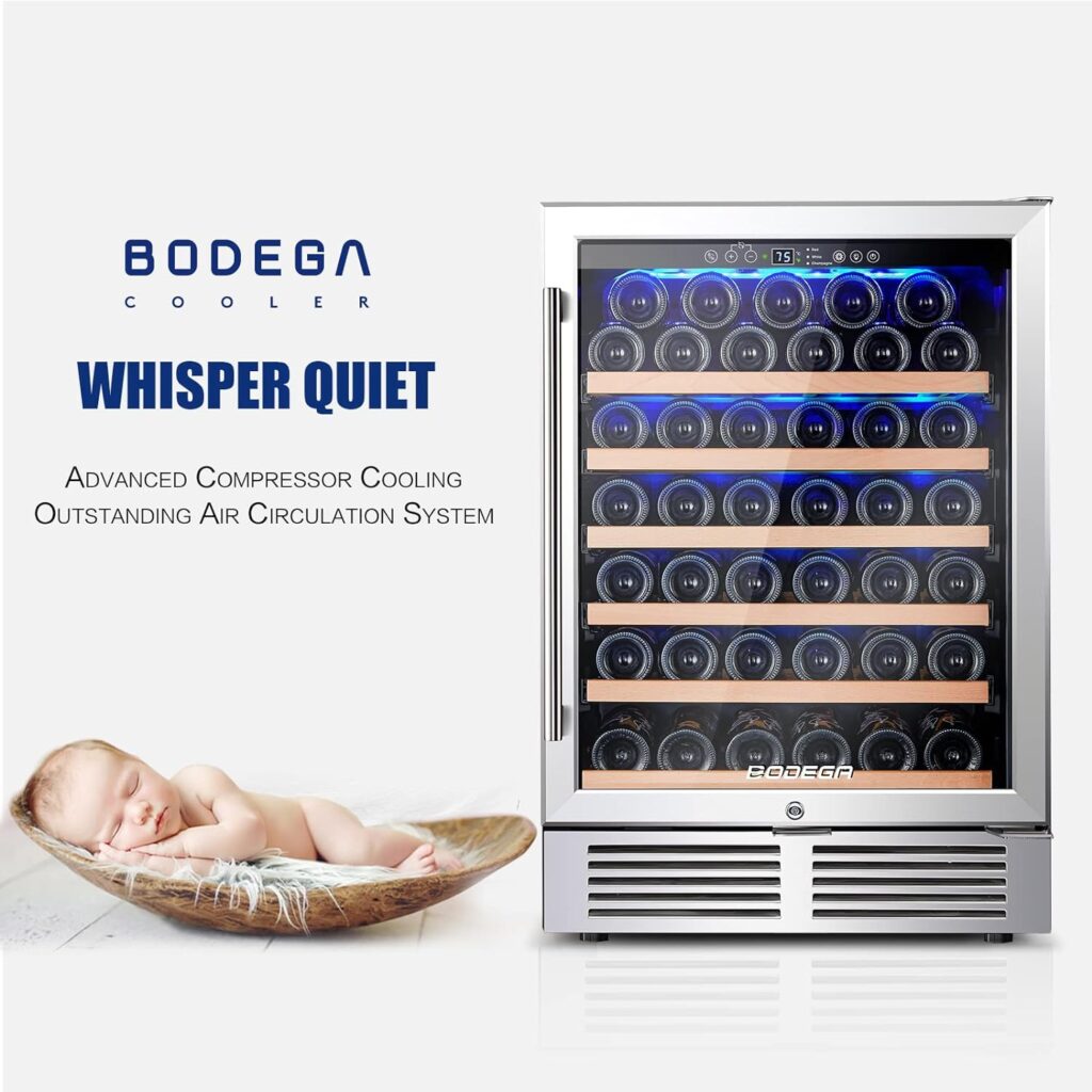 BODEGA 24 Inch Wine Cooler,46 Bottles Wine Refrigerator with WIFI APP Control Fits Champagne Bottles Keep Consistent Temperature Low noise Built in or Freestanding Wine Fridge for Home Office Bar