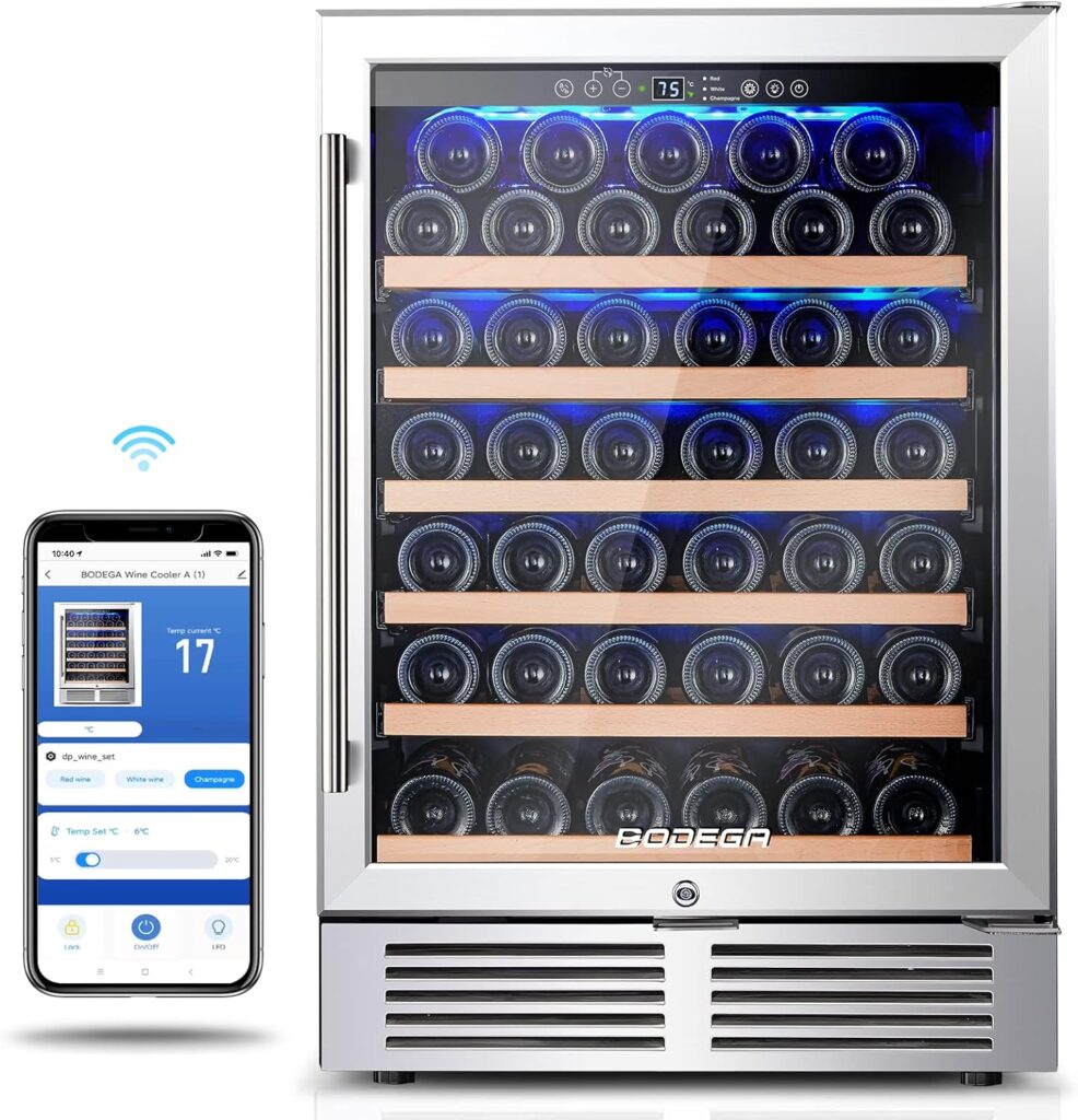 BODEGA 24 Inch Wine Cooler,46 Bottles Wine Refrigerator with WIFI APP Control Fits Champagne Bottles Keep Consistent Temperature Low noise Built in or Freestanding Wine Fridge for Home Office Bar