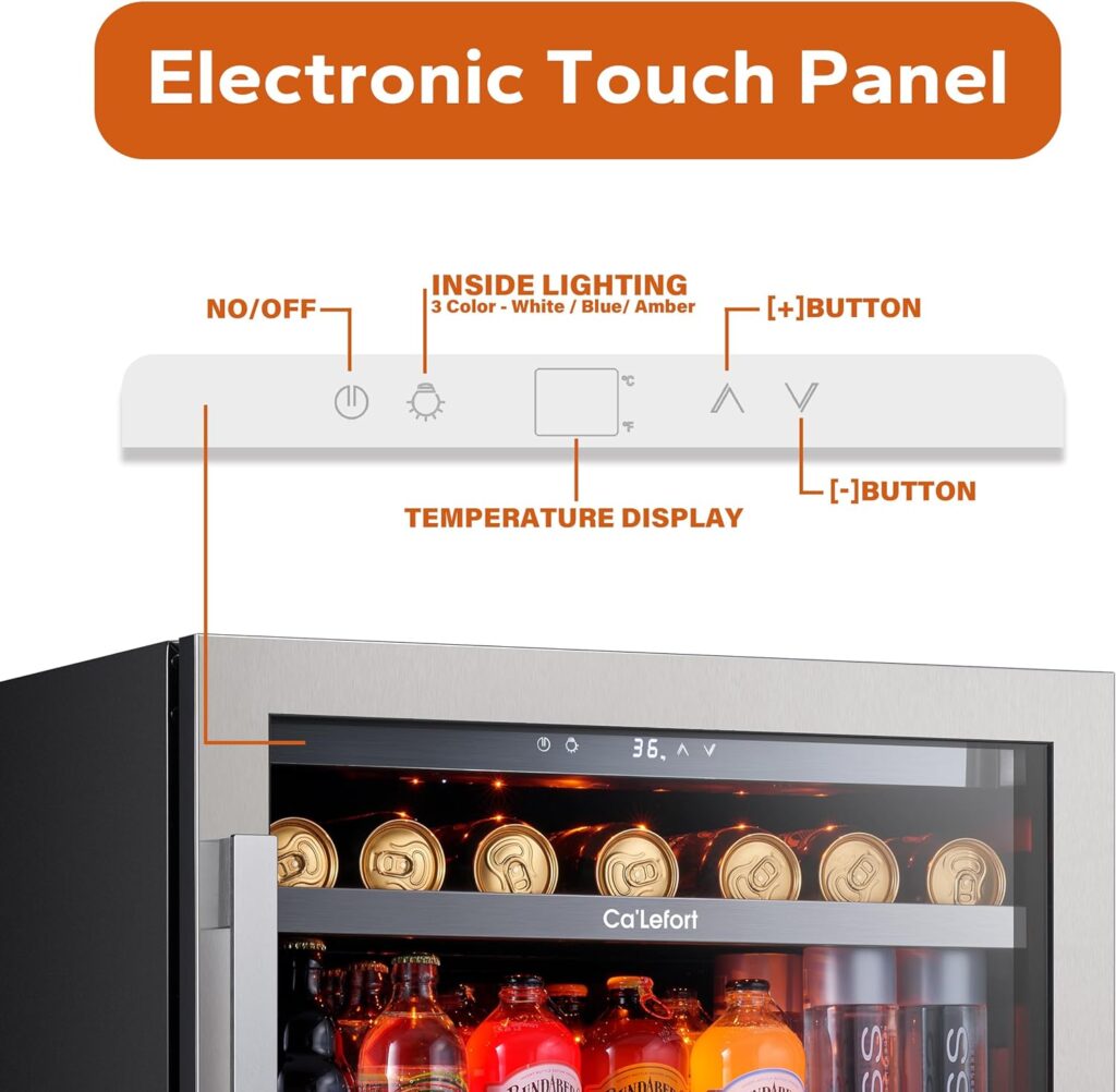 CaLefort 24 Beverage Refrigerator - 220 Can Soda Beer Capacity Single Zone with Modern Touch Intelligent Digital 34°-54°F, Built in or Freestanding Wine Cooler for Home and Kitchen