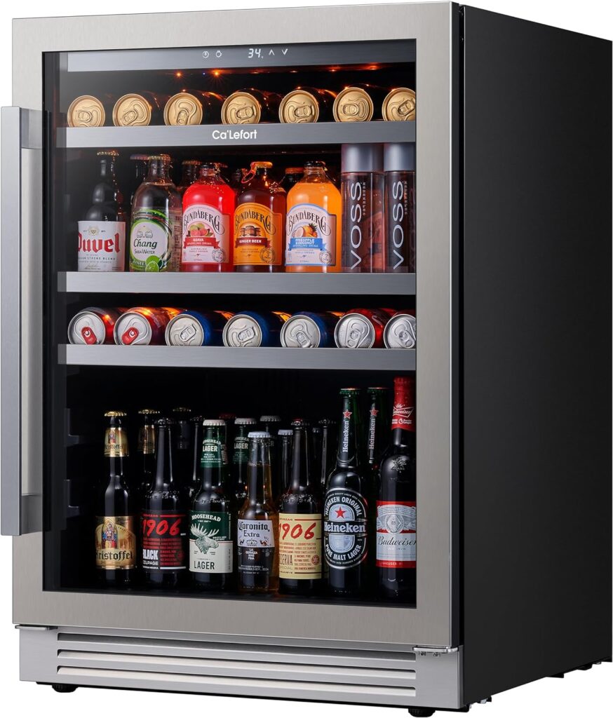 CaLefort 24 Beverage Refrigerator - 220 Can Soda Beer Capacity Single Zone with Modern Touch Intelligent Digital 34°-54°F, Built in or Freestanding Wine Cooler for Home and Kitchen