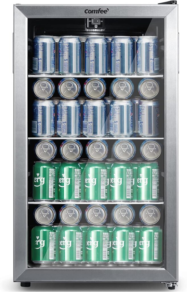 COMFEE CRV115TAST Cooler, 115 Cans Beverage Refrigerator, Adjustable Thermostat, Glass Door With Stainless Steel Frame, Reversible Hinge Door And Legs For Home, Apartment