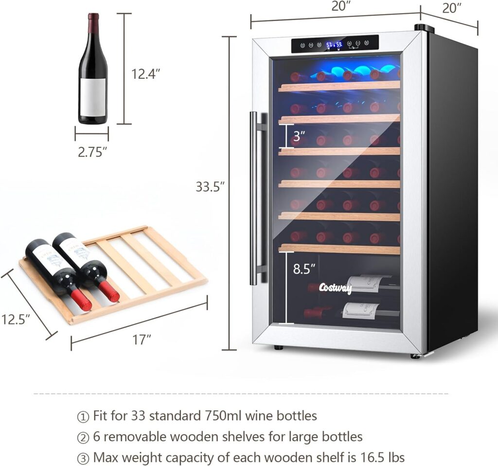 COSTWAY 20 Inch Wine Cooler, 33 Bottles Wine Refrigerator with 2-Layer Tempered Glass Door  Dual Alarm Function, 41-61.5°F Temp Control, Built-In or Freestanding Mini Wine Fridge