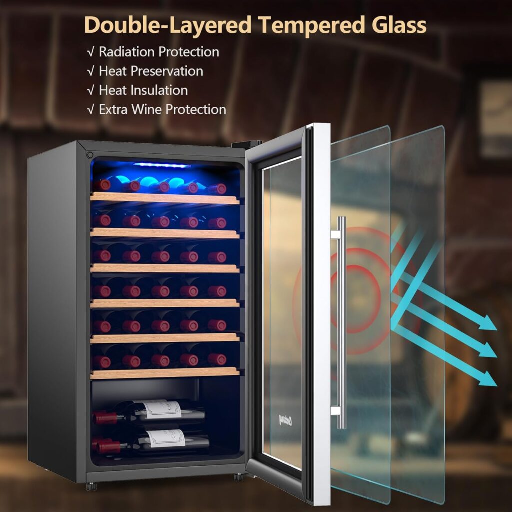 COSTWAY 20 Inch Wine Cooler, 33 Bottles Wine Refrigerator with 2-Layer Tempered Glass Door  Dual Alarm Function, 41-61.5°F Temp Control, Built-In or Freestanding Mini Wine Fridge