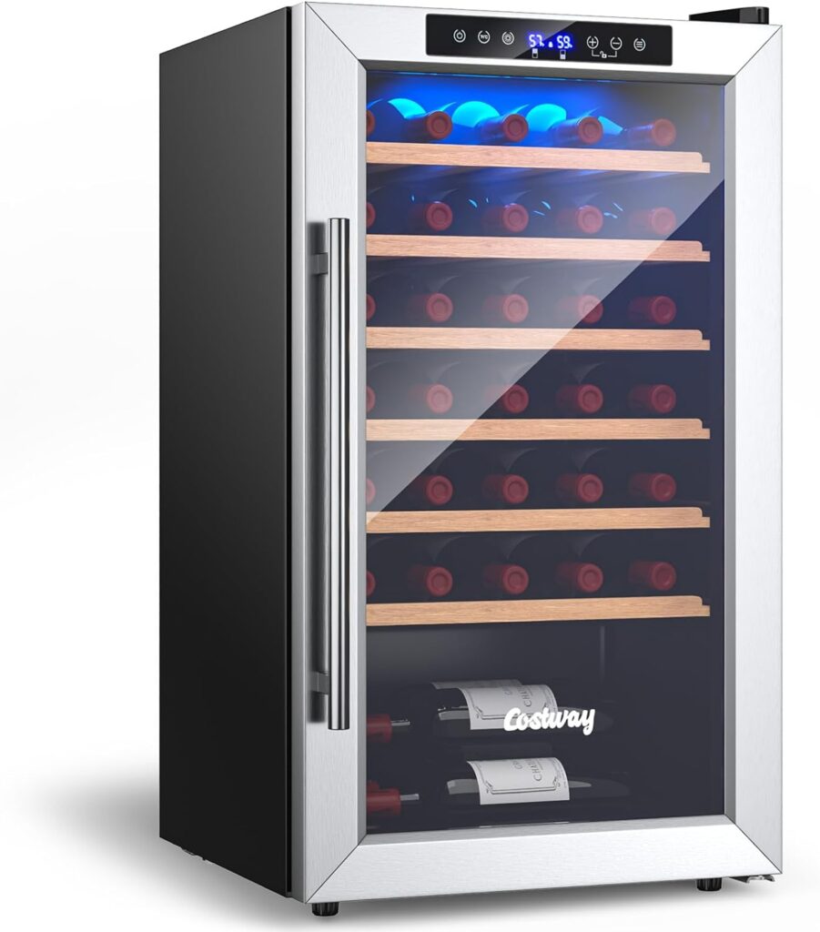 COSTWAY 20 Inch Wine Cooler, 33 Bottles Wine Refrigerator with 2-Layer Tempered Glass Door  Dual Alarm Function, 41-61.5°F Temp Control, Built-In or Freestanding Mini Wine Fridge