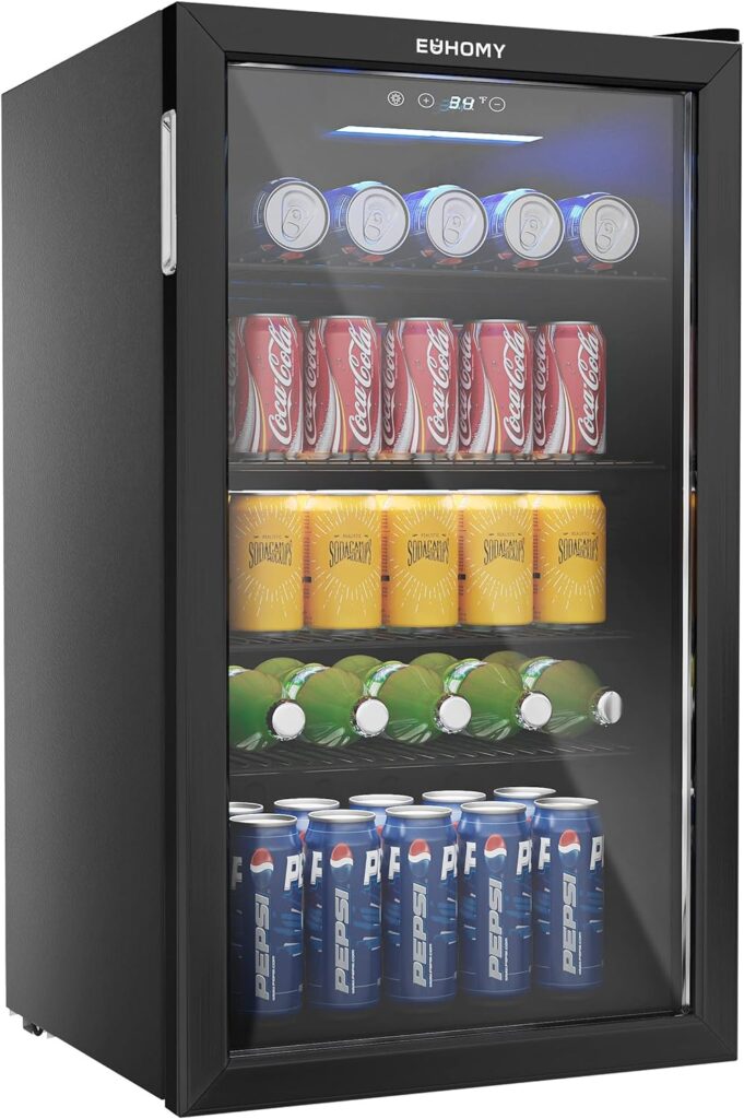 EUHOMY Beverage Refrigerator, 126 Can Mini fridge with Glass Door, Freestanding Beverage Cooler, Small Refrigerator with Adjustable Shelves for Soda Beer or Wine, for Home/Office/Bar, Slive.