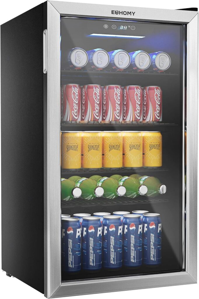 EUHOMY Beverage Refrigerator, 126 Can Mini fridge with Glass Door, Freestanding Beverage Cooler, Small Refrigerator with Adjustable Shelves for Soda Beer or Wine, for Home/Office/Bar, Slive.