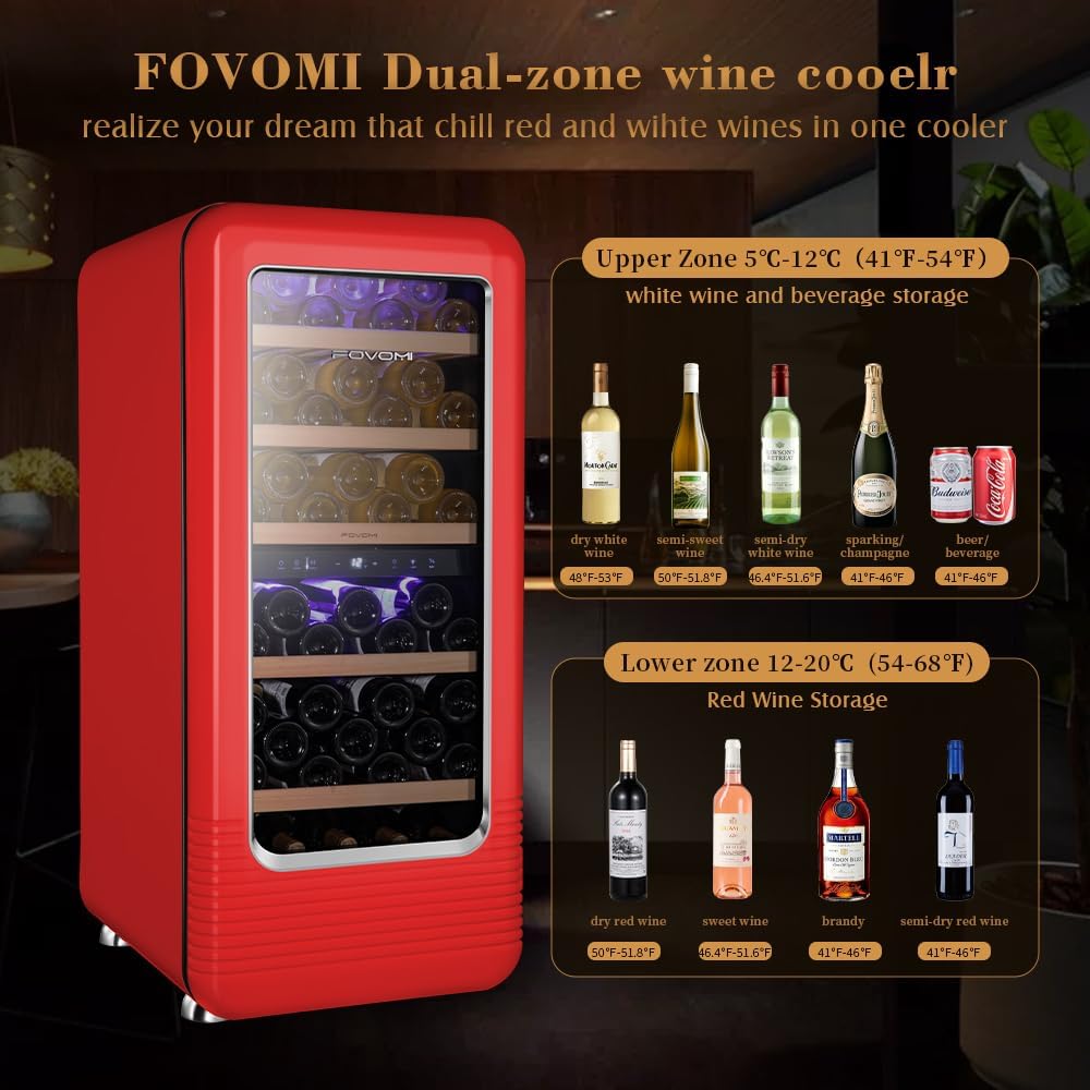 FOVOMI 20 Wine Cooler Fridge 52 Bottles (Bordeaux 750ml),Freestanding Dual Zone Wine Refrigerator,Wine Cellar with Upgrade Compressor,Fast Cooling Quiet Low Vibration - Chiller for Kitchen,Home Bar