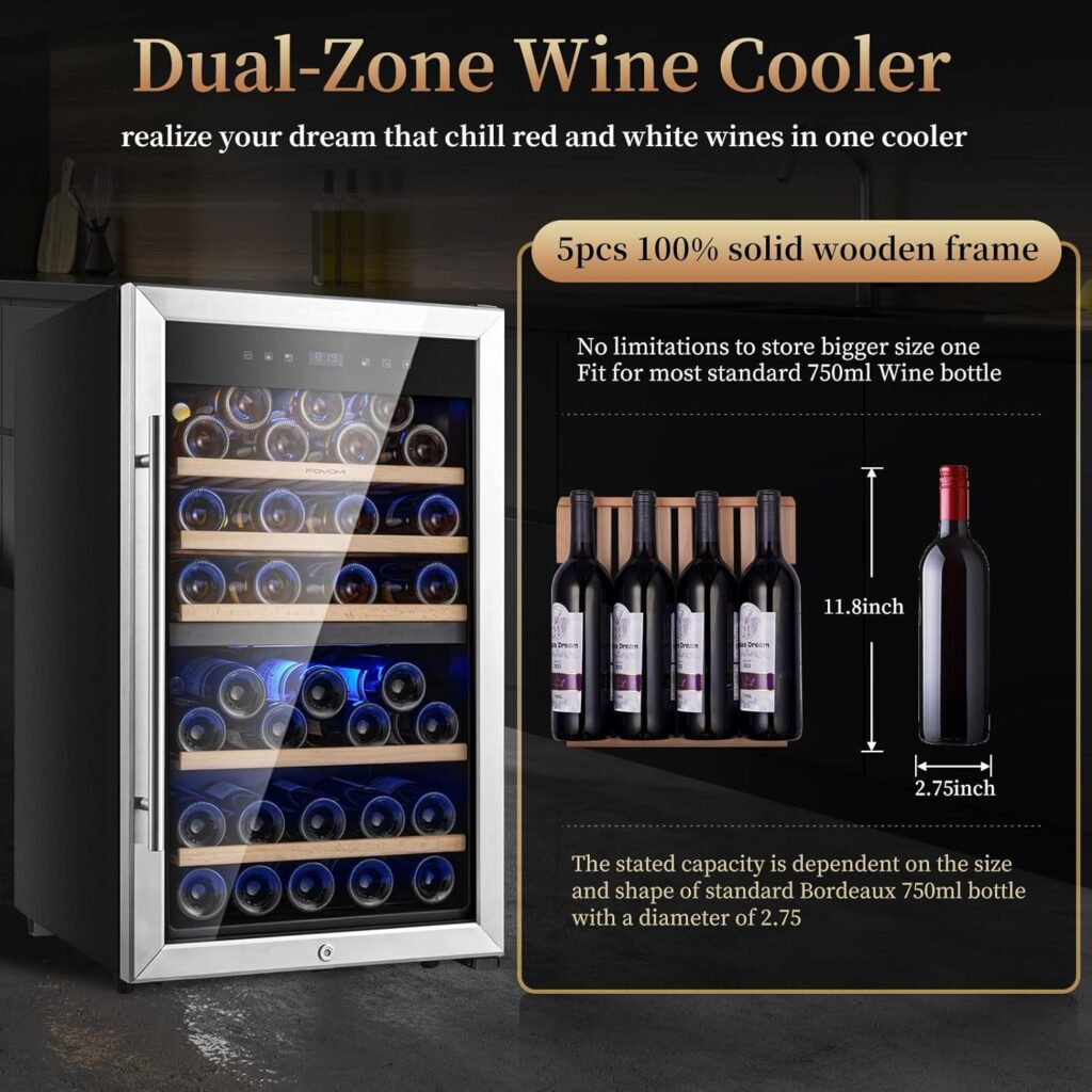 FOVOMI 20 Wine Cooler Fridge 52 Bottles (Bordeaux 750ml),Freestanding Dual Zone Wine Refrigerator,Wine Cellar with Upgrade Compressor,Fast Cooling Quiet Low Vibration - Chiller for Kitchen,Home Bar