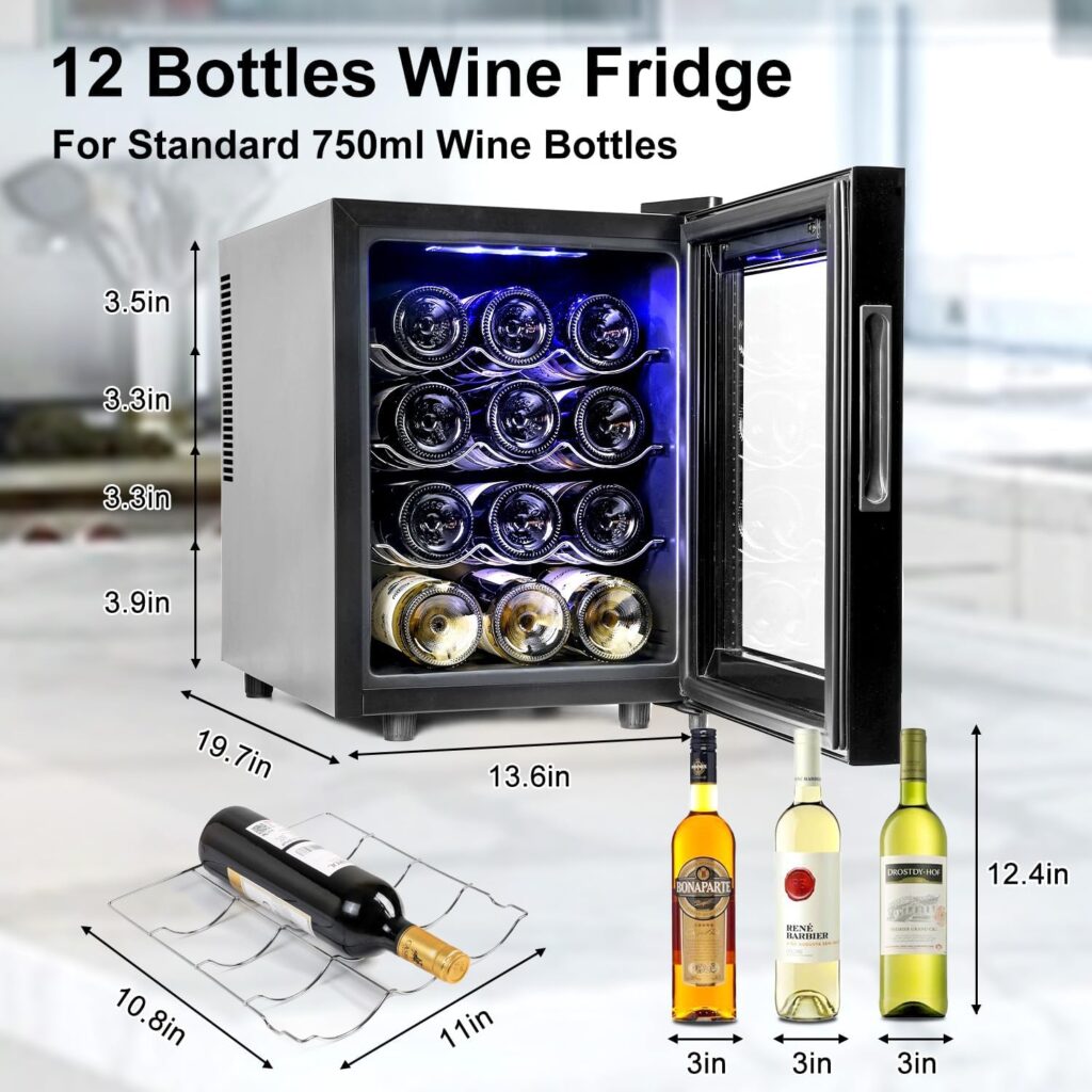 GEVEELIFE 12 Bottle Wine Fridge Small, Quiet Wine Cooler Refrigerator Freestanding with Digital Temperature Control Mini Wine Fridge Under Counter, Wine Cellar for Red, White, Champagne