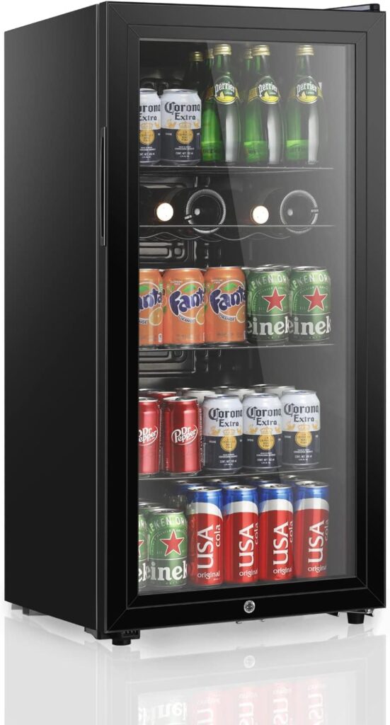 HAILANG Beverage Refrigerator With 105 Can,Freestanding Beverage Cooler For Office, Bar,Home|Double Glass DoorAdjustable Shelving