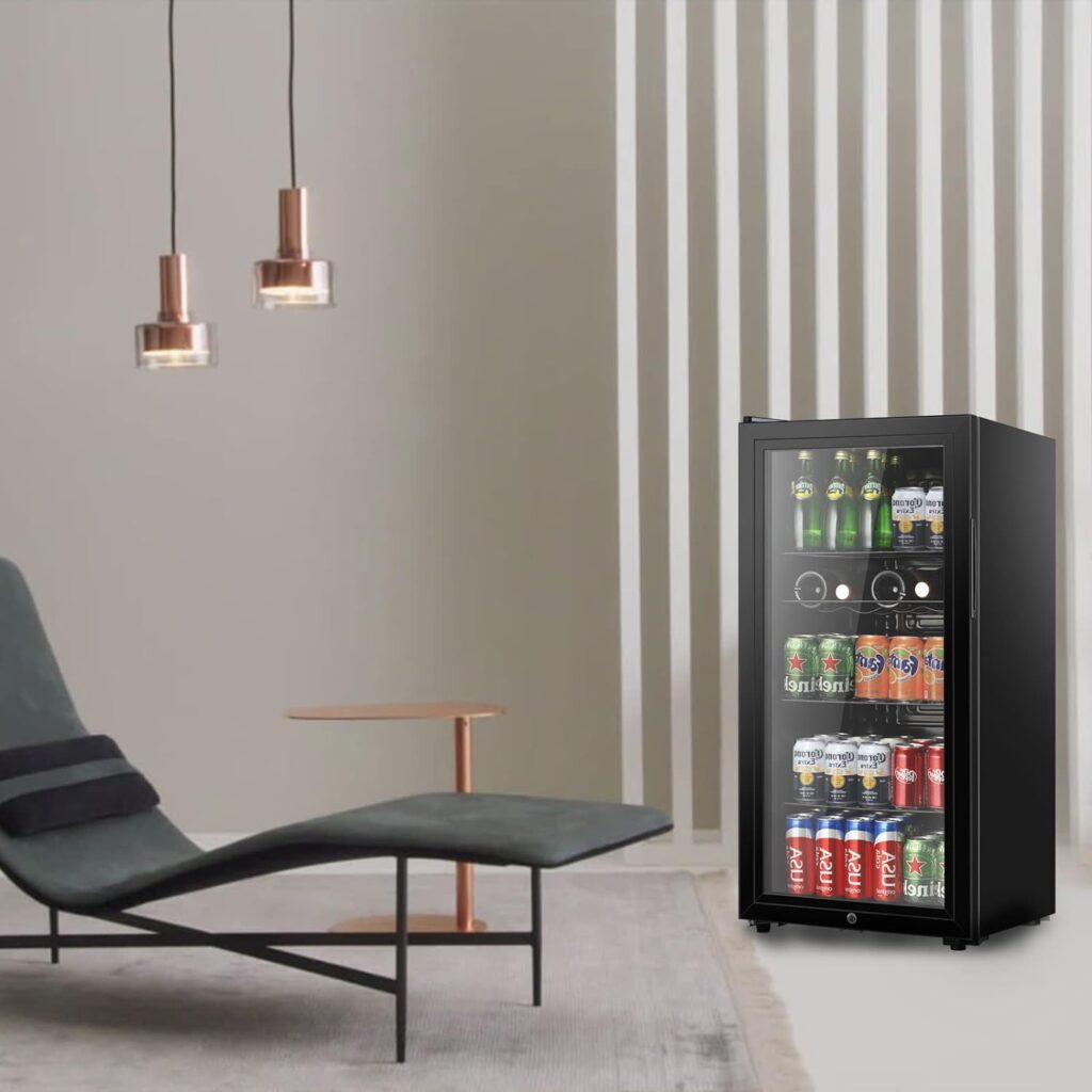 HAILANG Beverage Refrigerator With 105 Can,Freestanding Beverage Cooler For Office, Bar,Home|Double Glass DoorAdjustable Shelving