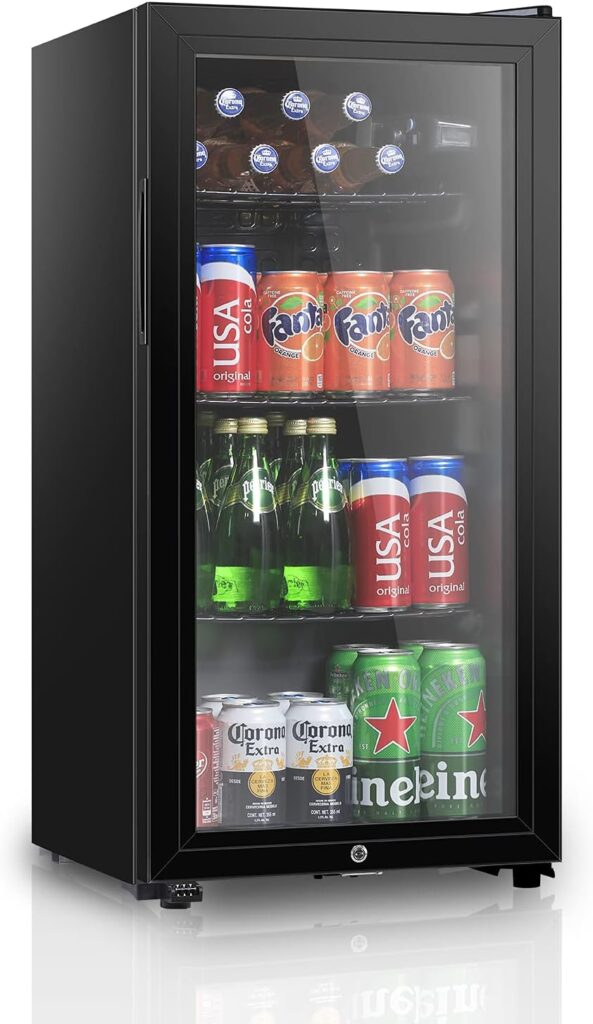 HAILANG Beverage Refrigerator With 105 Can,Freestanding Beverage Cooler For Office, Bar,Home|Double Glass DoorAdjustable Shelving