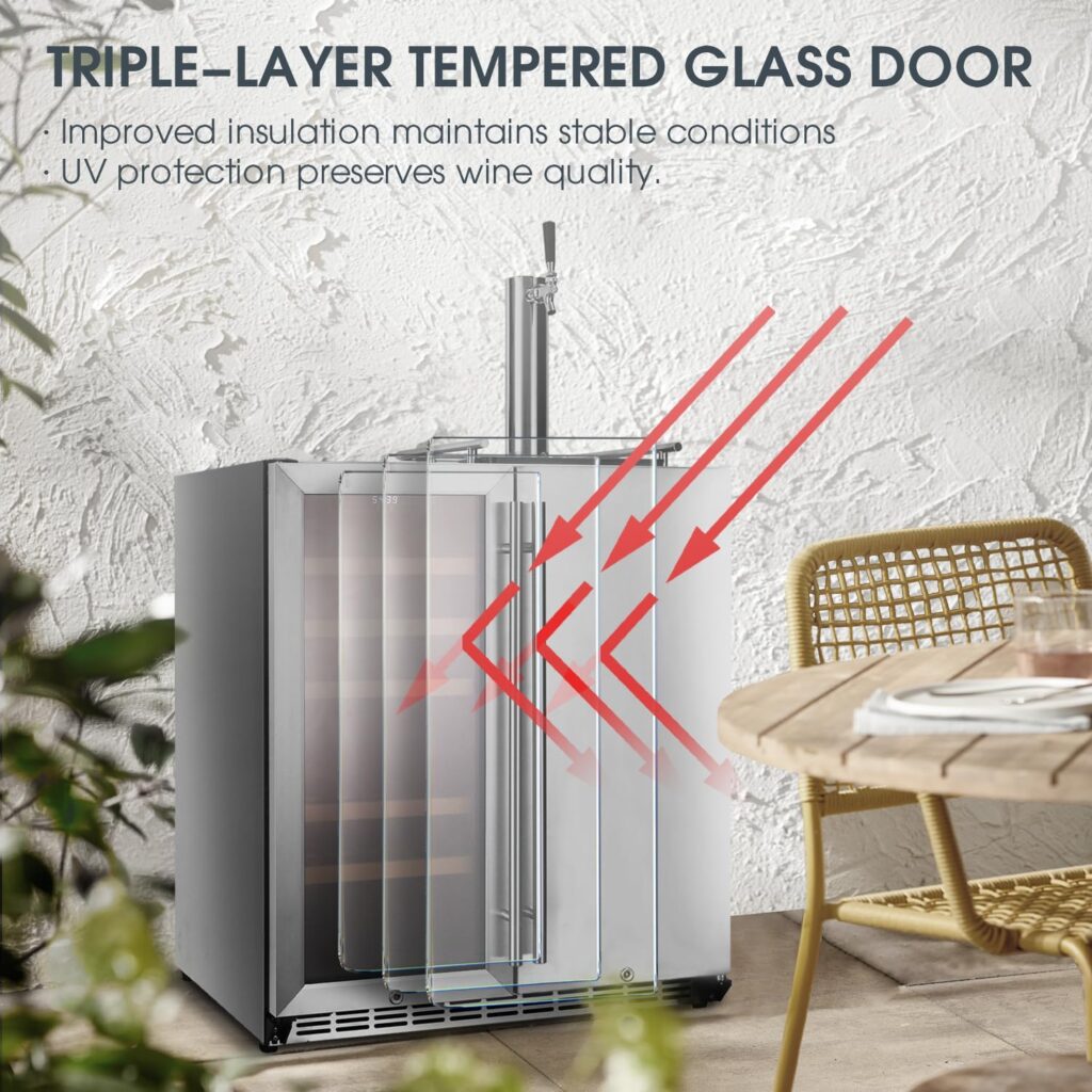 HCK Wine Cooler Fridge and Kegerator 2in1 Outdoor Refrigerator,Cellar Freestanding Refrigerator and keg fridge with tap with Digital Touch Display  Stainless Steel  Triple-Layer Tempered Glass Door