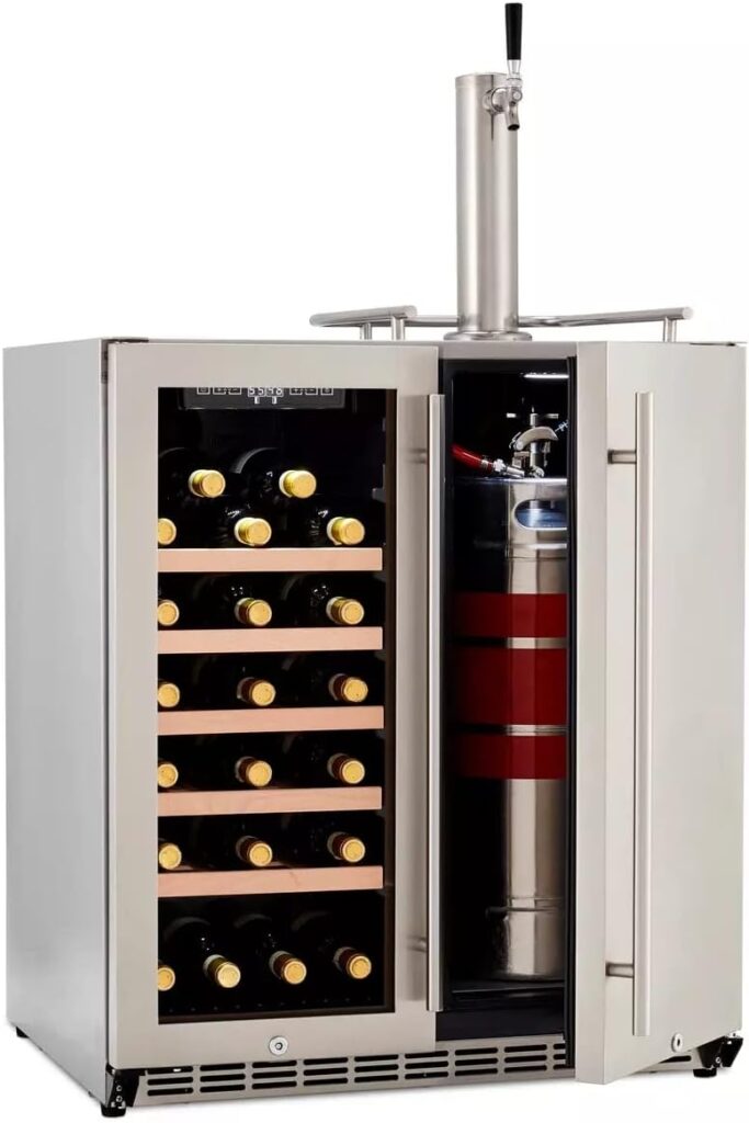 HCK Wine Cooler Fridge and Kegerator 2in1 Outdoor Refrigerator,Cellar Freestanding Refrigerator and keg fridge with tap with Digital Touch Display  Stainless Steel  Triple-Layer Tempered Glass Door