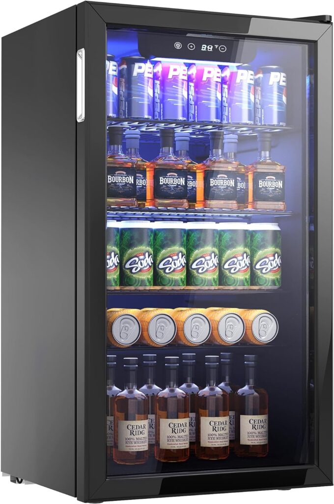 Icyglee Beverage Refrigerator Cooler - 126 Can Mini Fridge with Glass Door Freestanding for Soda Beer or Wine, Beverage Cooler for Home, Office, Bar with Adjustable Removable Shelves, Sliver.