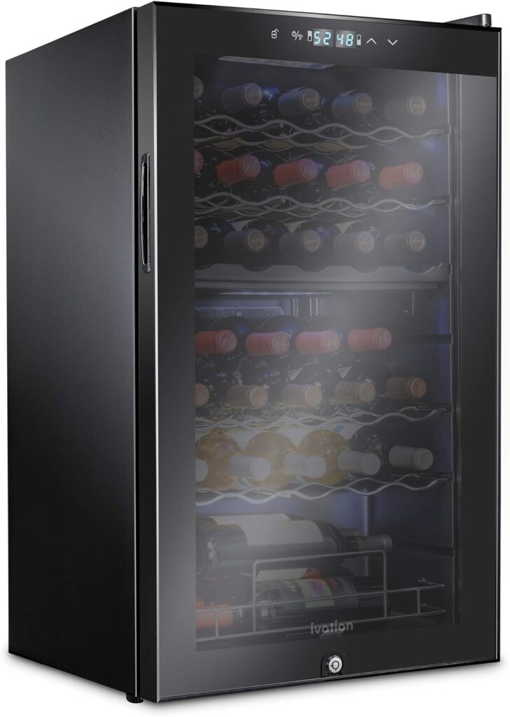 Ivation 33 Bottle Dual Zone Wine Cooler Refrigerator w/Lock | Large Freestanding Wine Cellar For Red, White, Champagne  Sparkling Wine | 41f-64f Digital Temperature Control Fridge Glass Door Black