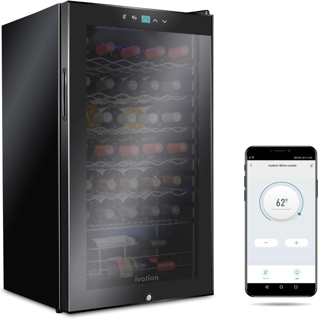 Ivation 34 Bottle Compressor Wine Cooler Refrigerator with Wi-Fi Smart App Control Cooling System | Large Freestanding Wine Cellar Fridge For Red White Champagne or Sparkling, Black Glass Door  Lock