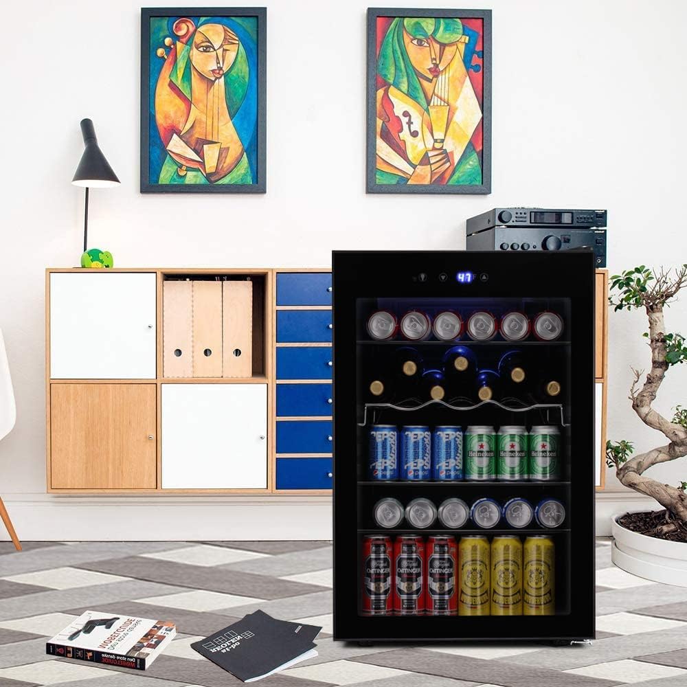 Kismile 4.5 Cu.ft Beverage Refrigerator and Cooler, 145 Can Mini Fridge Glass Door,Digital Temperature Display for Soda, Beer or Wine, Small Drink Dispenser Cooler for Home, Office or Bar(Black)