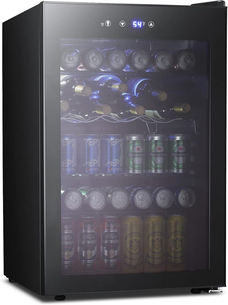 Kismile 4.5 Cu.ft Beverage Refrigerator and Cooler, 145 Can Mini Fridge Glass Door,Digital Temperature Display for Soda, Beer or Wine, Small Drink Dispenser Cooler for Home, Office or Bar(Black)