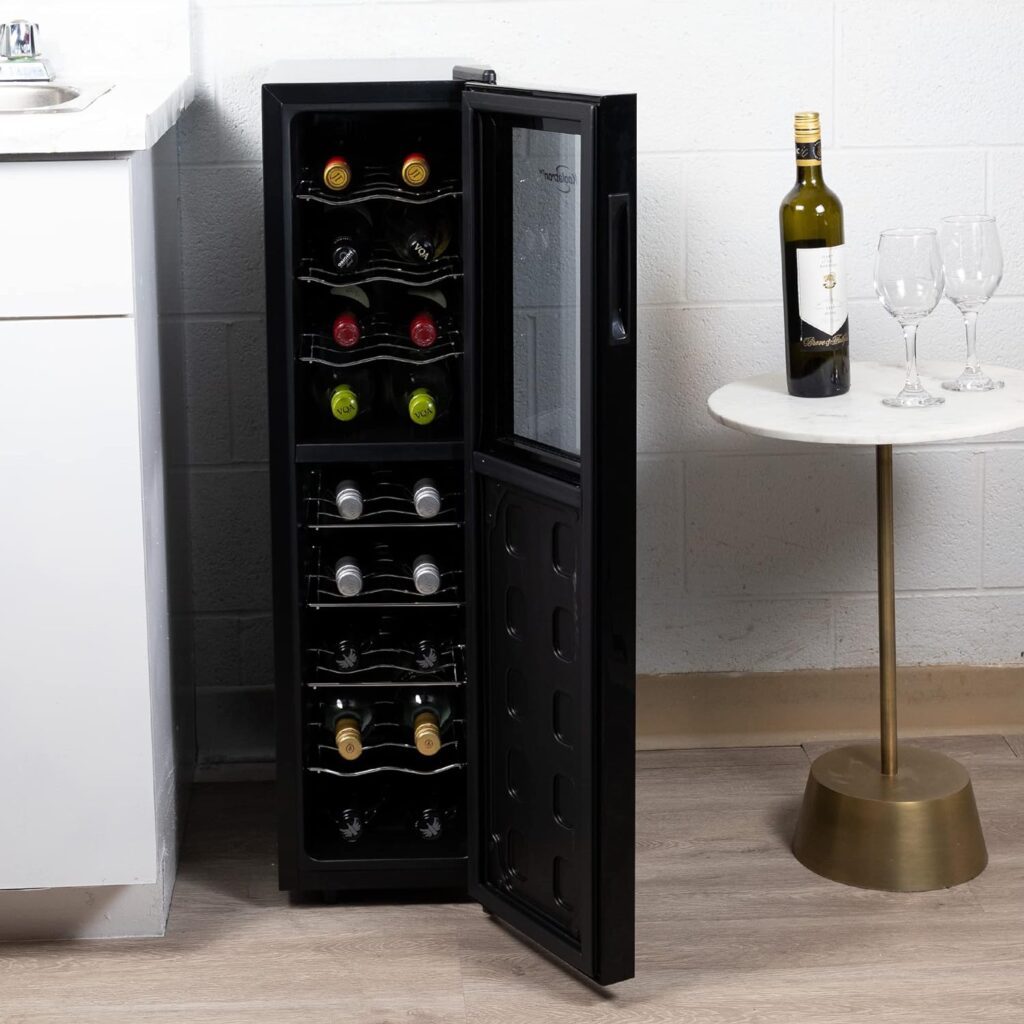 Koolatron 18 Bottle Slim Dual Zone Wine Cooler, Black Thermoelectric Wine Fridge, 1.9 cu. Ft (53L) Freestanding Wine Cellar, Red, White, Sparkling Wine Storage for Home Bar, Kitchen, Apartment, Condo