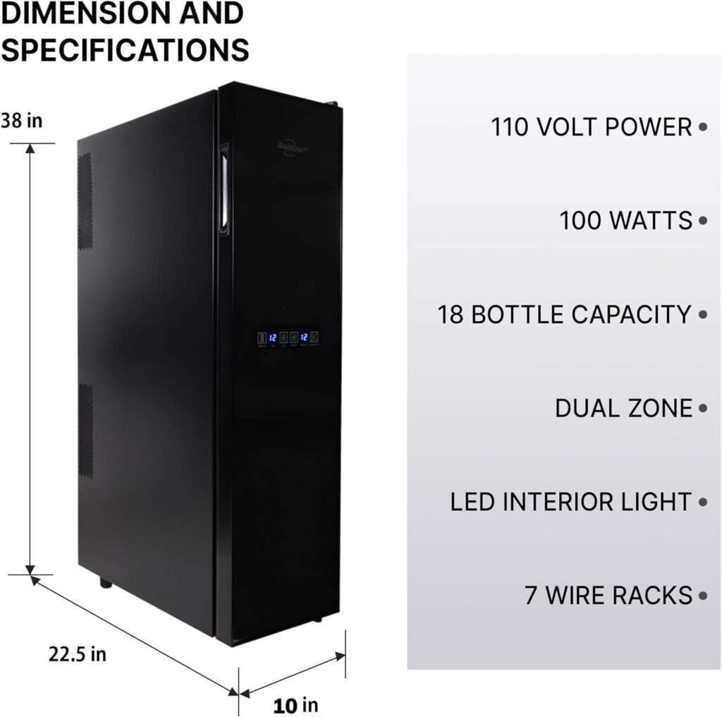 Koolatron 18 Bottle Slim Dual Zone Wine Cooler, Black Thermoelectric Wine Fridge, 1.9 cu. Ft (53L) Freestanding Wine Cellar, Red, White, Sparkling Wine Storage for Home Bar, Kitchen, Apartment, Condo