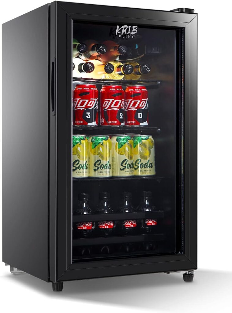 KRIB BLING Beverage Refrigerator 120 Can Freestanding Beverage Cooler with Adjustable Shelving Glass Door for Beer Soda or Wine Perfect for Home Office or Bar Black