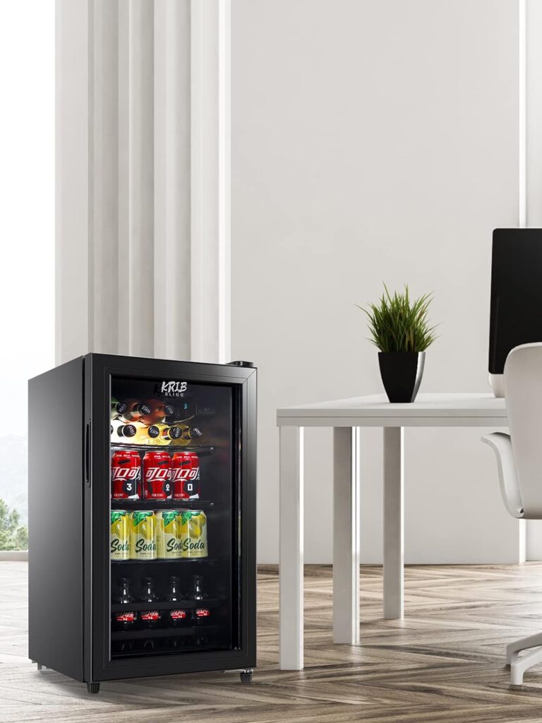 KRIB BLING Beverage Refrigerator 120 Can Freestanding Beverage Cooler with Adjustable Shelving Glass Door for Beer Soda or Wine Perfect for Home Office or Bar Black