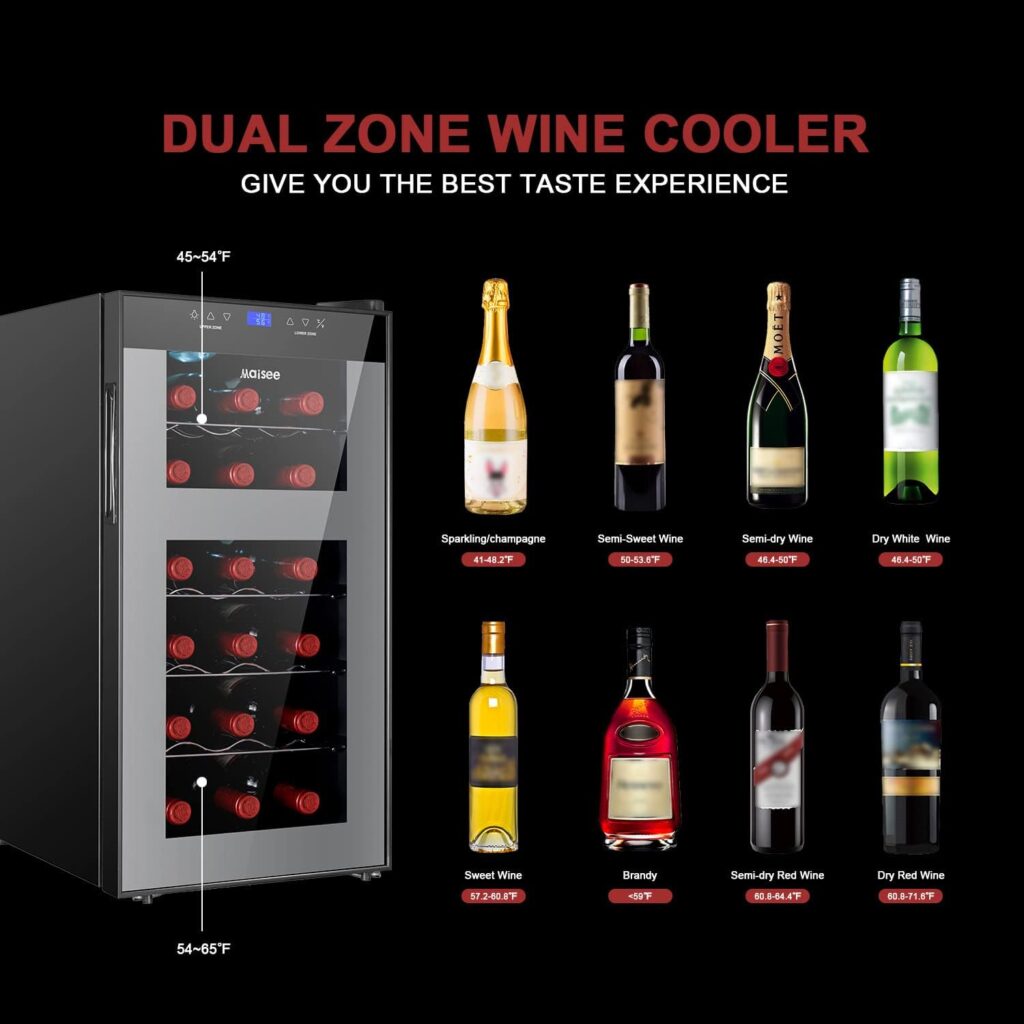 maisee Wine Fridge Dual Zone,18 Bottles Wine Cooler Refrigerator Chiller Upper Zone 46f-54f Lower Zone 54f-65f for Red White Wine Champagne in Home Office Bedroom Countertop （18 Bottles,Black