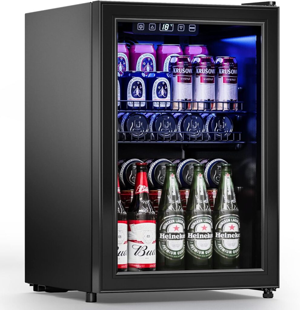 Manastin Beverage Refrigerator Cooler-120 Cans Freestanding Mini Fridge Cooler with Glass Door, Adjustable Shelves Digital Temperature Display for Soda, Wine or Beer, 3.2 Cu.Ft