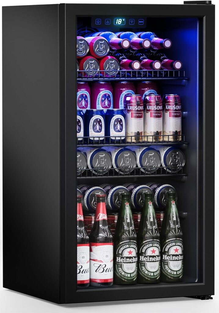 Manastin Beverage Refrigerator Cooler-120 Cans Freestanding Mini Fridge Cooler with Glass Door, Adjustable Shelves Digital Temperature Display for Soda, Wine or Beer, 3.2 Cu.Ft