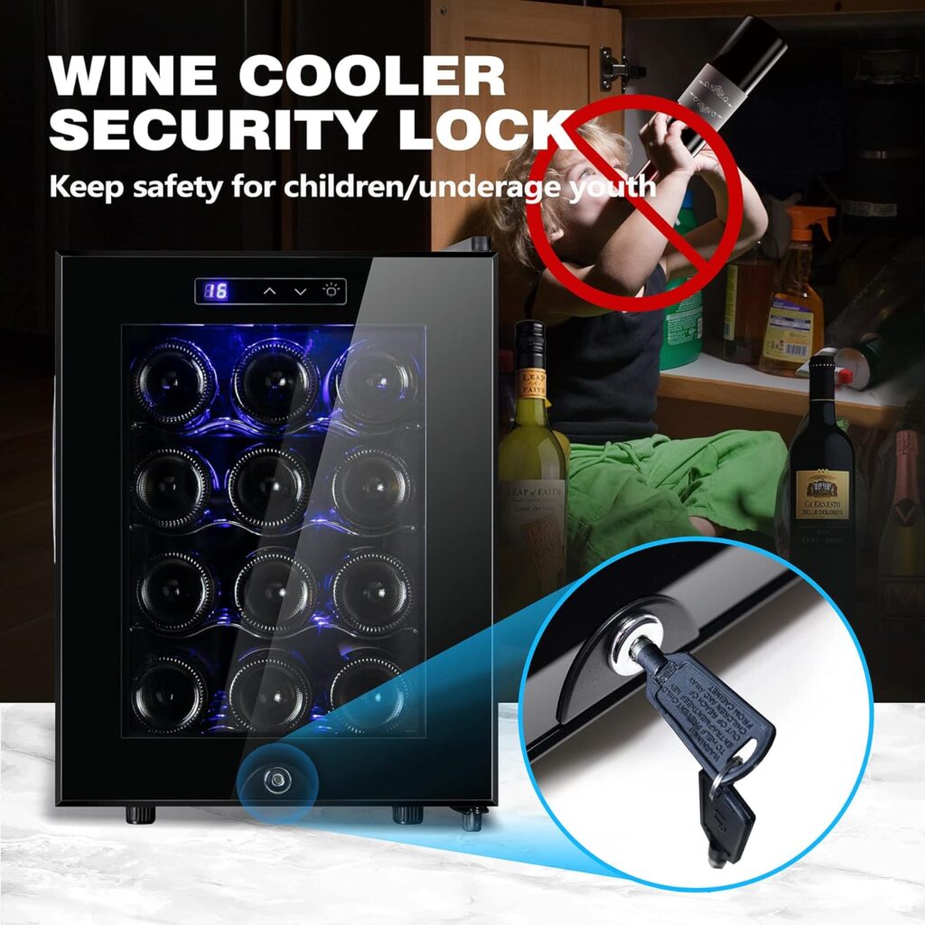 Miladred 12 Bottle Wine Cooler Refrigerator,Wine Fridge Freestanding with Lock  Digital Temperature Control Fridge Glass Door,Mini Wine Cabinet for Red, White, Champagne or Sparkling