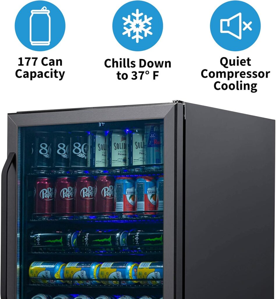 NewAir 24 Beverage Refrigerator Cooler - 177 Can Capacity Mini Fridge - Black Stainless Steel with Built In Cooler and Glass Door | Cool your Soda, Beer, and Beverages to 37F