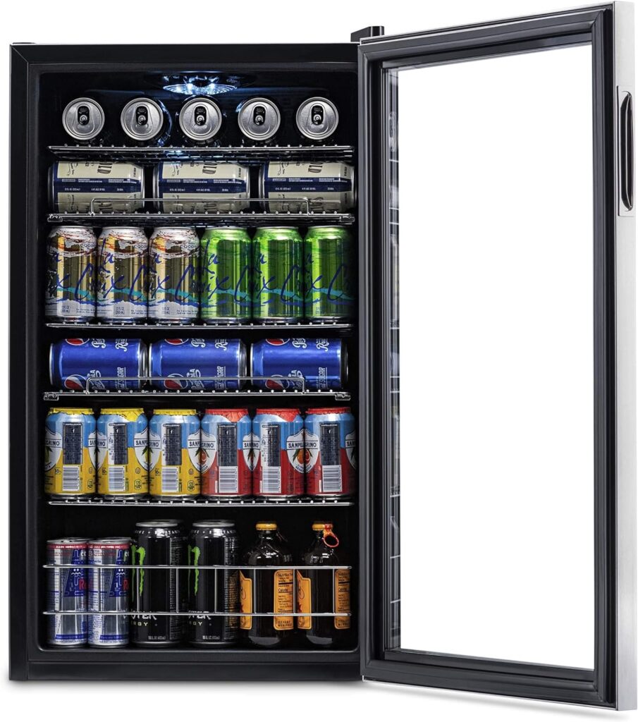 NewAir Beverage Refrigerator Cooler | 126 Cans Free Standing with Right Hinge Glass Door | Mini Fridge Beverage Organizer Perfect For Beer, Wine, Soda, And Cooler Drinks