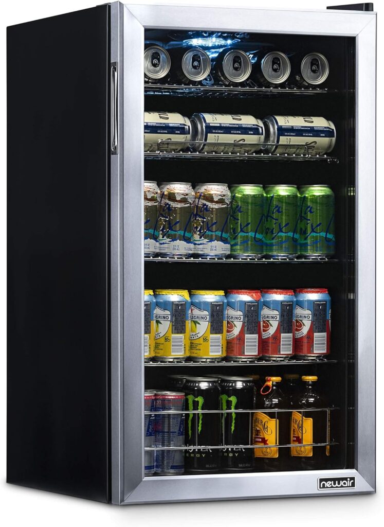 NewAir Beverage Refrigerator Cooler with 177 Can Capacity - Mini Bar Beer Fridge with Reversible Hinge Glass Door - Cools to 37F - ABR-1770 - Stainless Steel