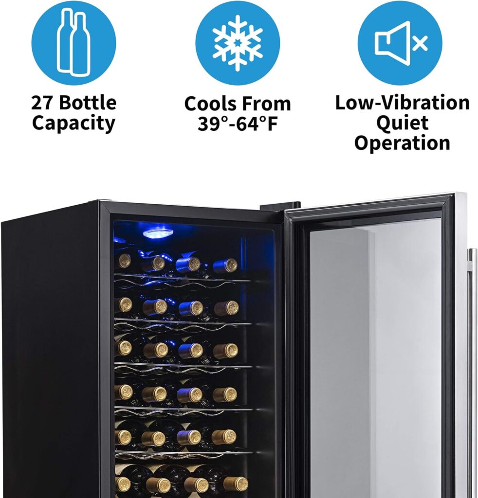 NewAir Compressor Wine Cooler Refrigerator in Stainless Steel | 27 Bottle Capacity | Freestanding or Built-In | UV Protected Glass Door with Lock and Handle AWC-270E