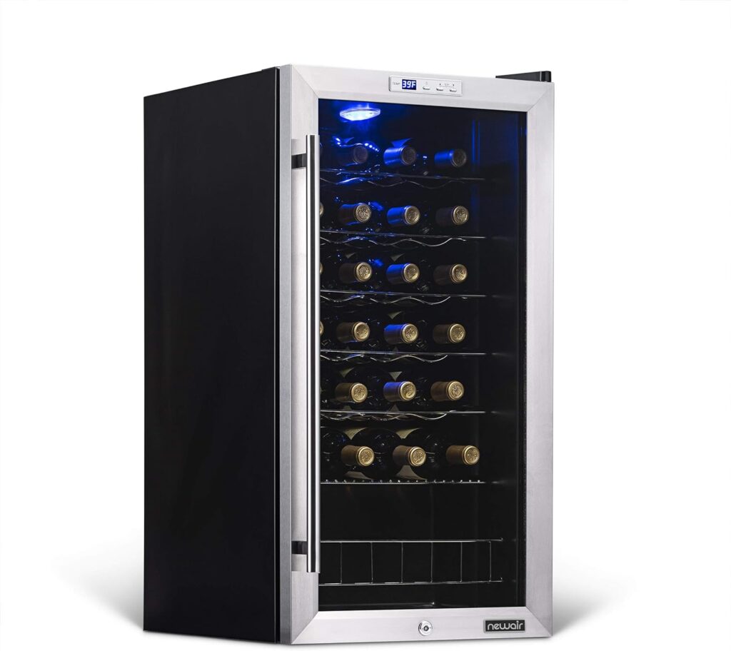 NewAir Compressor Wine Cooler Refrigerator in Stainless Steel | 27 Bottle Capacity | Freestanding or Built-In | UV Protected Glass Door with Lock and Handle AWC-270E