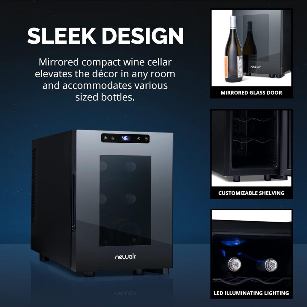 NewAir Shadow-T Series Wine Cooler Refrigerator | 6 Bottle | Countertop Mirrored Compact Wine Cellar with Triple-Layer Tempered Glass Door | Vibration-Free  Ultra-Quiet Thermoelectric Cooling