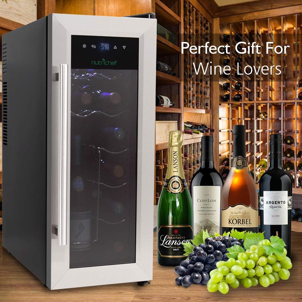 NutriChef 34 Bottle Compressor Wine Cooler Refrigerator Cooling System | Large Freestanding Wine Cellar Fridge For Red And White Champagne or Sparkling, Black Glass Door