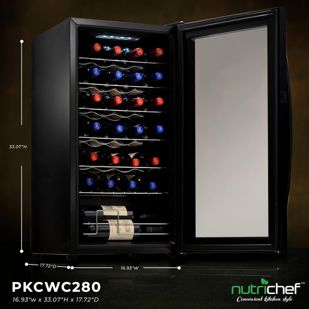 NutriChef 34 Bottle Compressor Wine Cooler Refrigerator Cooling System | Large Freestanding Wine Cellar Fridge For Red And White Champagne or Sparkling, Black Glass Door