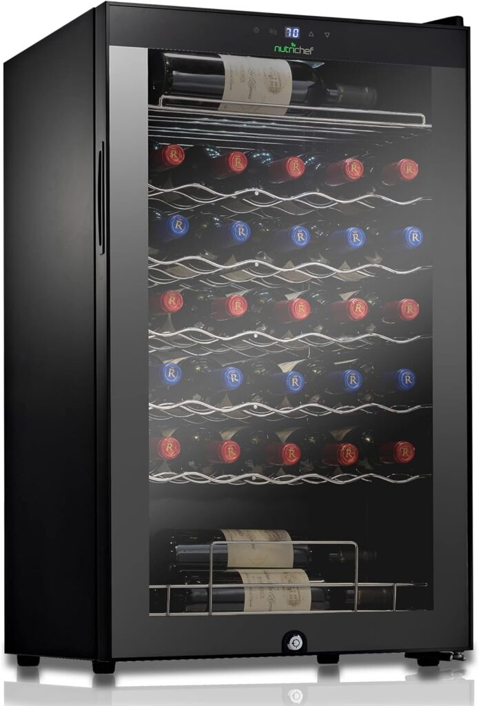 NutriChef 34 Bottle Compressor Wine Cooler Refrigerator Cooling System | Large Freestanding Wine Cellar Fridge For Red And White Champagne or Sparkling, Black Glass Door