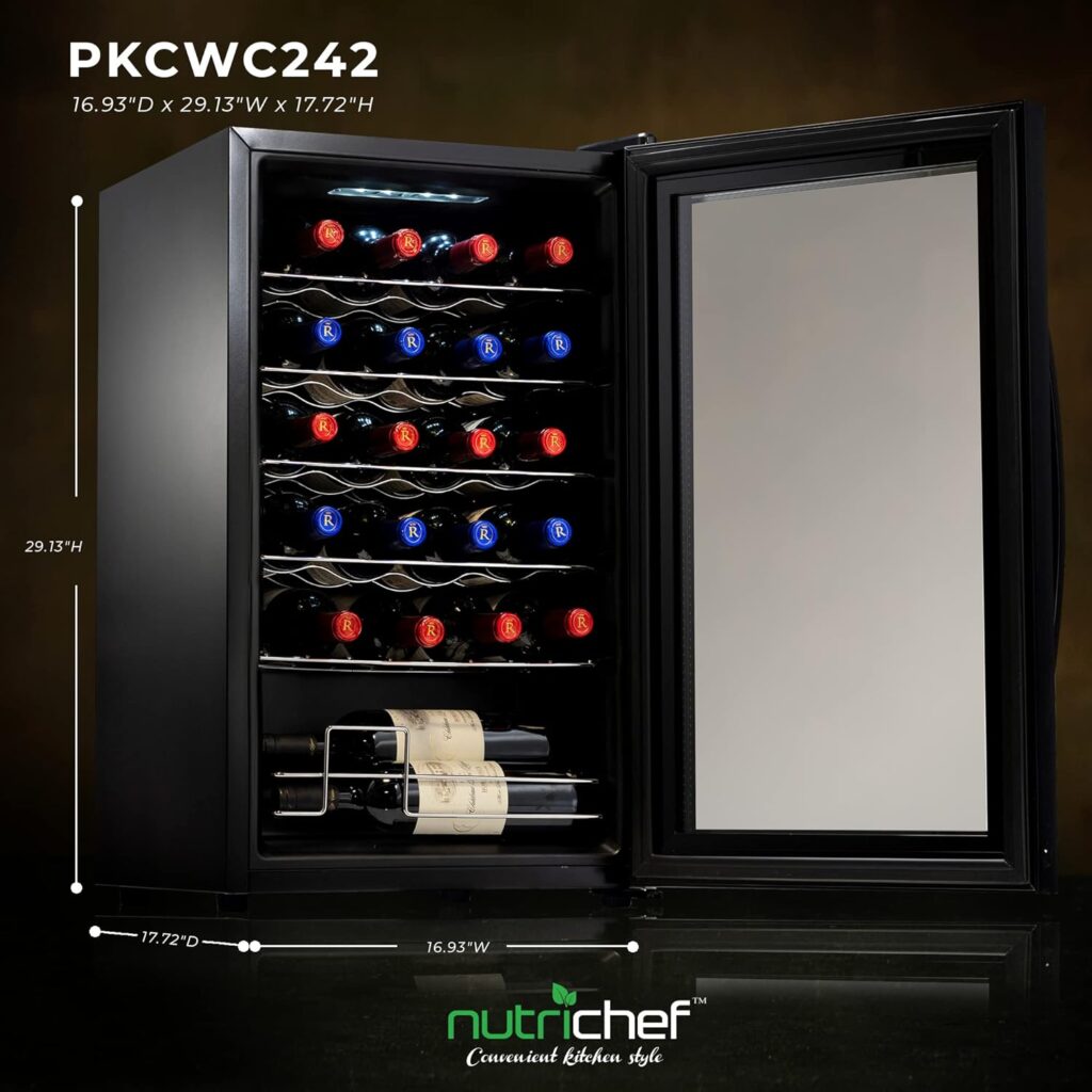 NutriChef Wine Cooler Refrigerator - 18-Bottle Wine Fridge with Air-Tight Glass Door, Touch Screen Digital Temperature Control - Freestanding, Compact - For Apartment, Office, Hotel, Home Bars