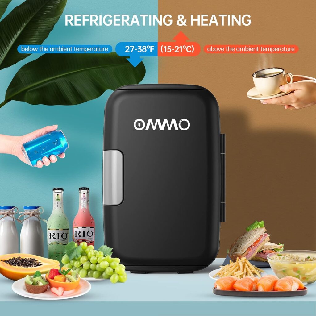 OMMO Mini Fridge, 6 L Portable Fridge, Cooler and Warmer Compact Small Refrigerator with AC/DC Power, for Skincare, Medications, Beverage, Home and Travel, Black