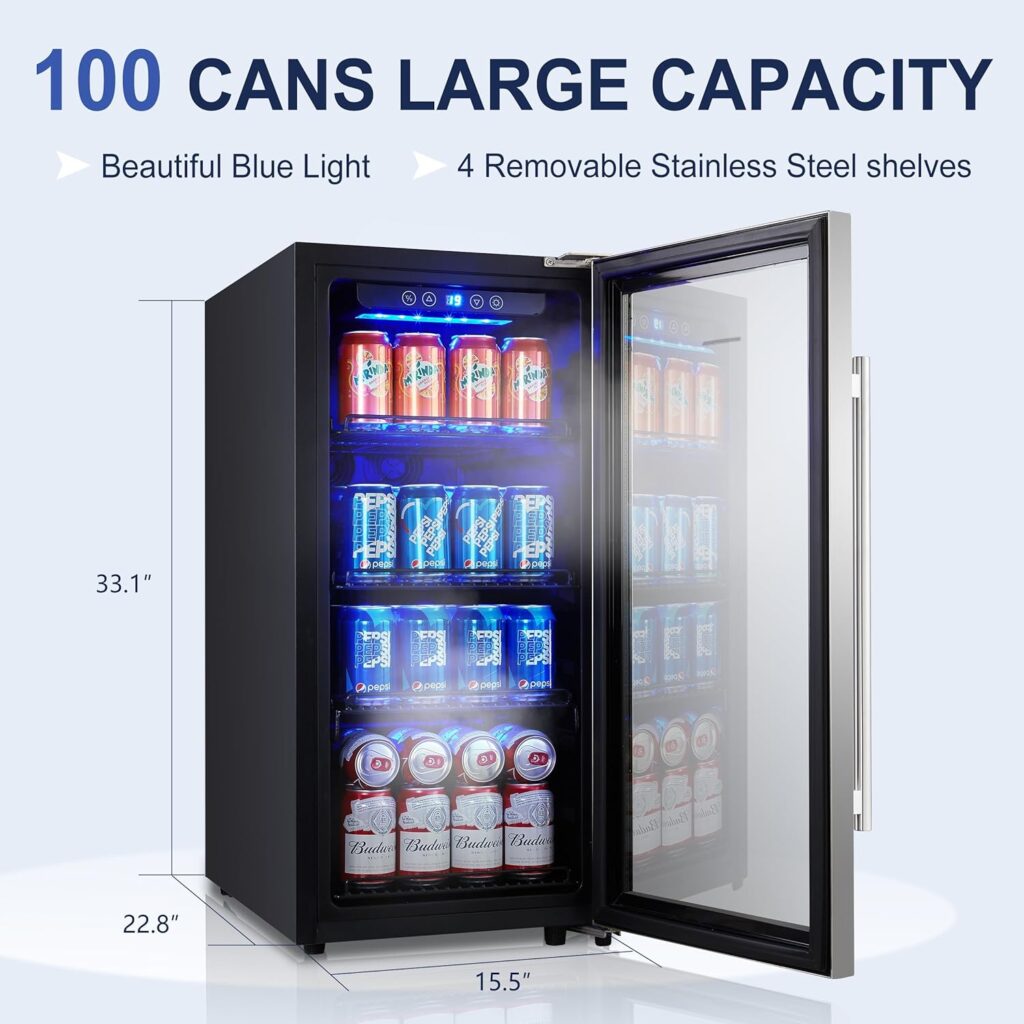 Phiestina Beverage Refrigerator 175 Cans Under Counter Beer Cooler 24 inch Quiet Built-in or Freestanding Beverage Fridge Glass Door Auto Defrost 5 Removable Shelves for Home Bar Office